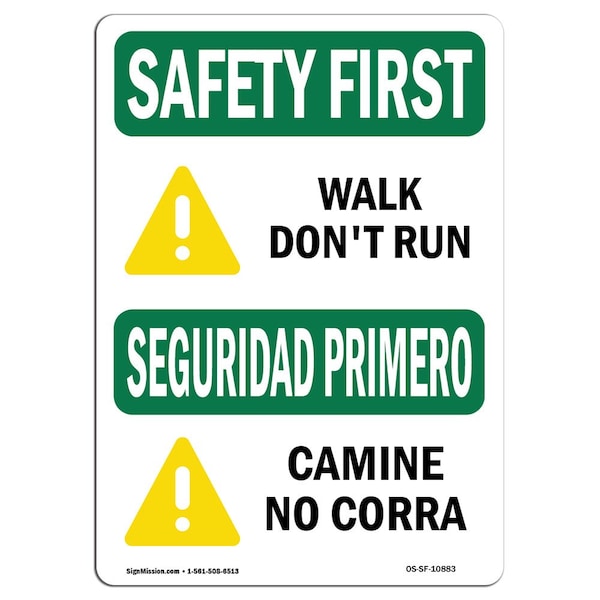 OSHA Sign, Walk Don't Run Bilingual, 5in X 3.5in Decal, 10PK, 3.5" W, 5" L, Landscape, PK10